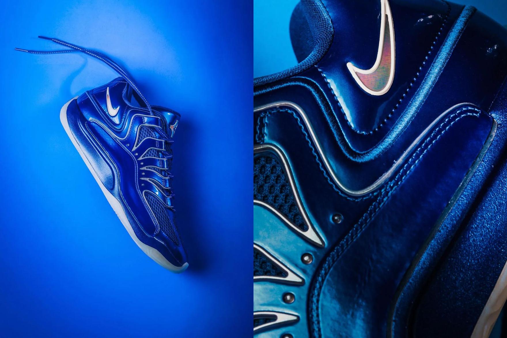 Close-up of iridescent blue nike sneaker