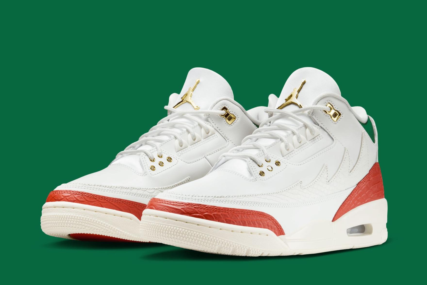 White, red, green and gold Air Jordan 3 sneaker on green background