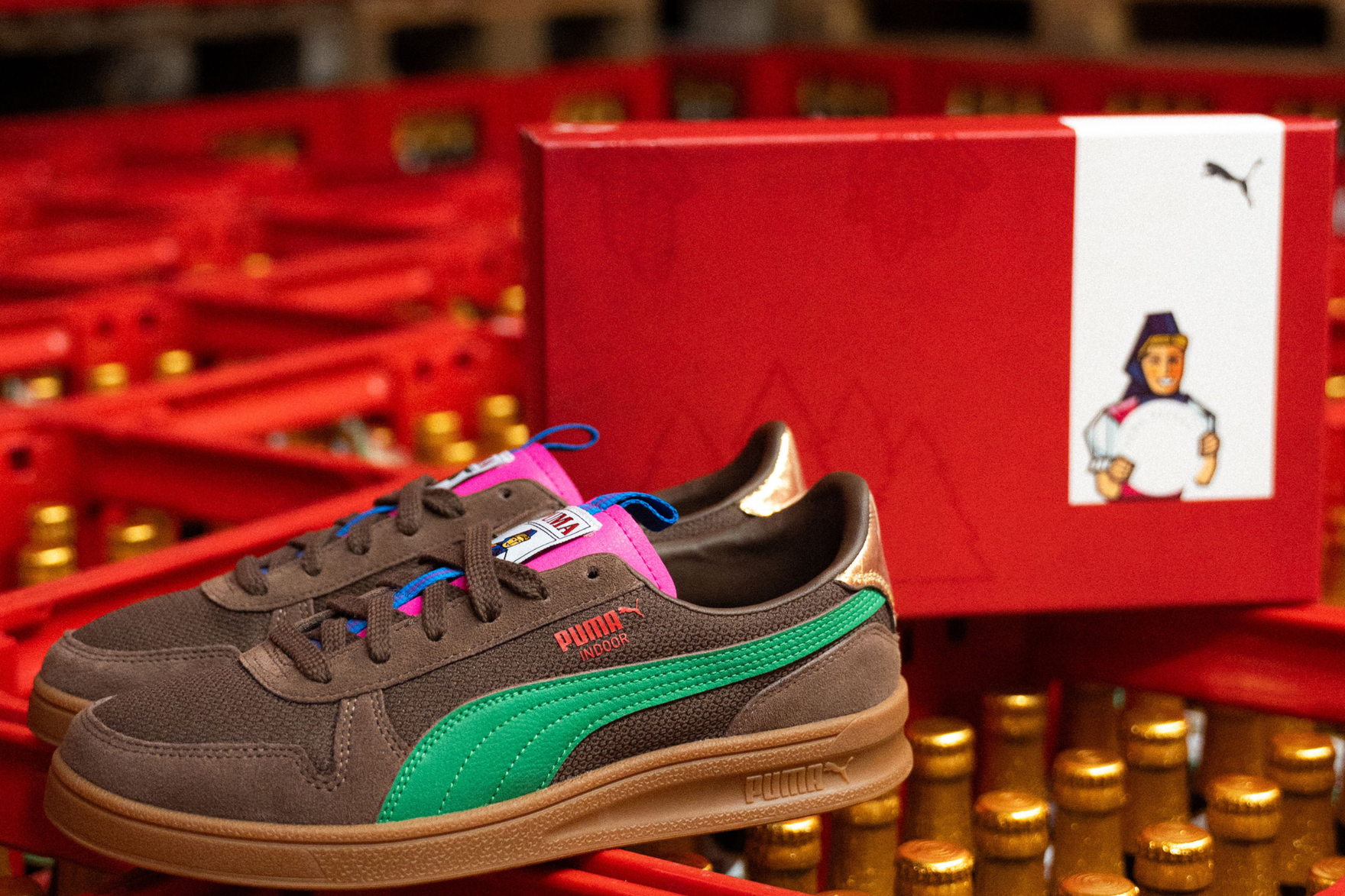 puma indoor lifestyle image brown with green sidestrip