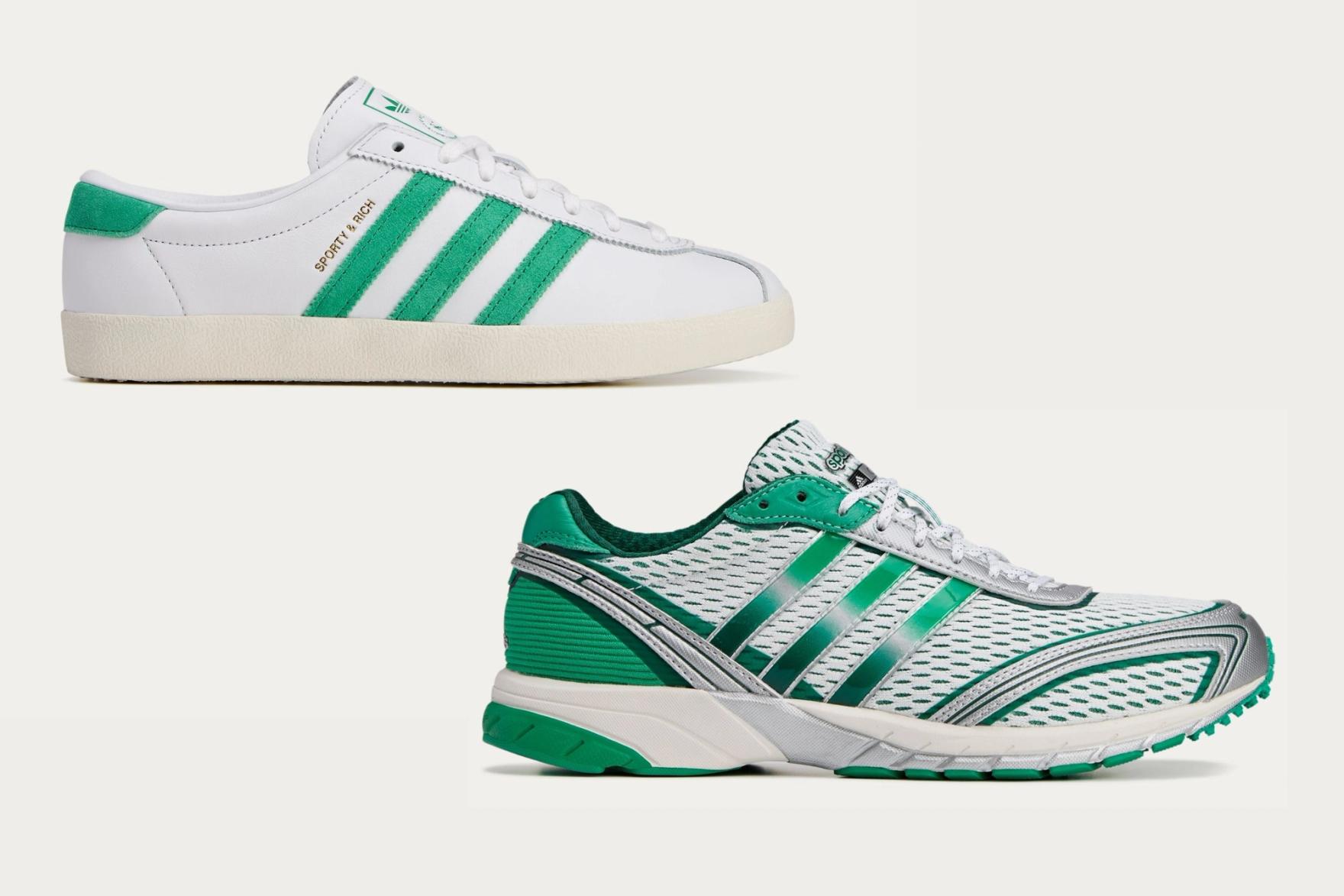 Two sporty green and white adidas sneakers on a cream background