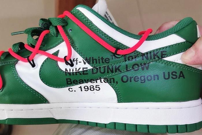 Off White Nike Dunk Pine Green Close Up