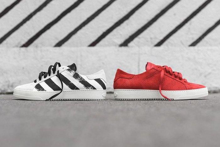 Off White Perforated Striped Sneaker Pair