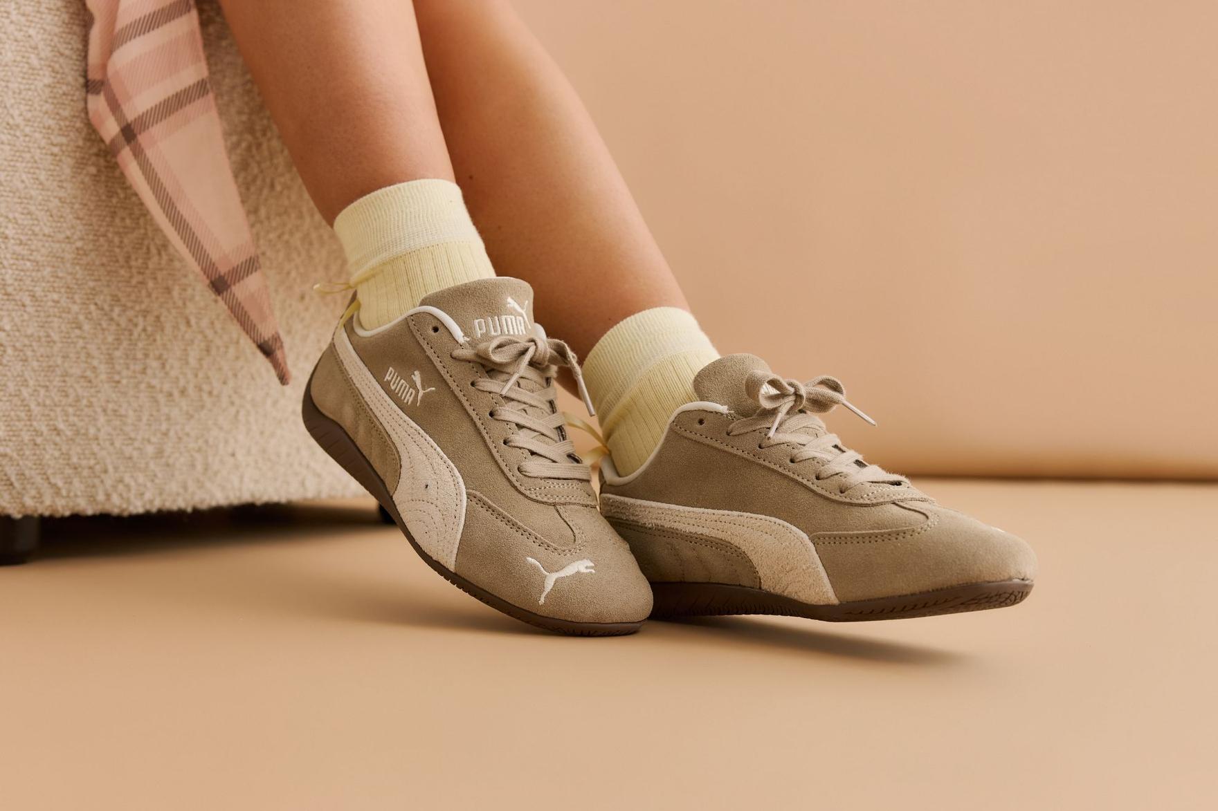 Cream and stone-coloured suede sneakers on-foot