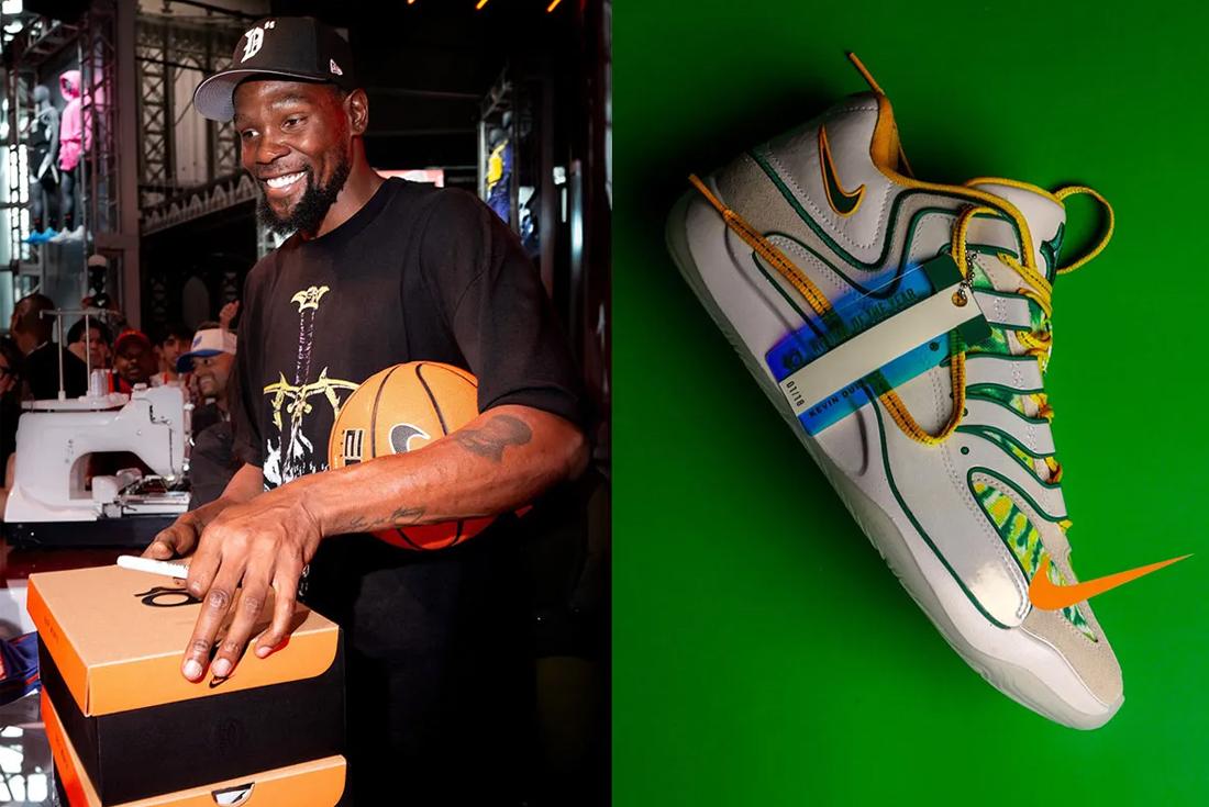 kevin durant holding a box of nike kd 18 sneakers in Seattle