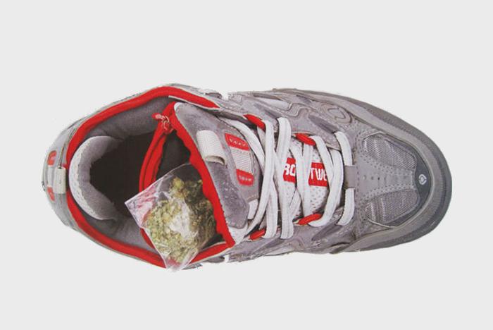 Overhead shot of green and red sneakers weed shoes