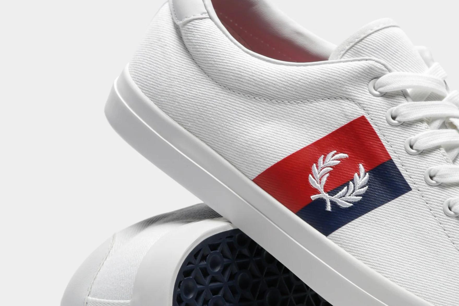 close-up of a white red and blue sneaker