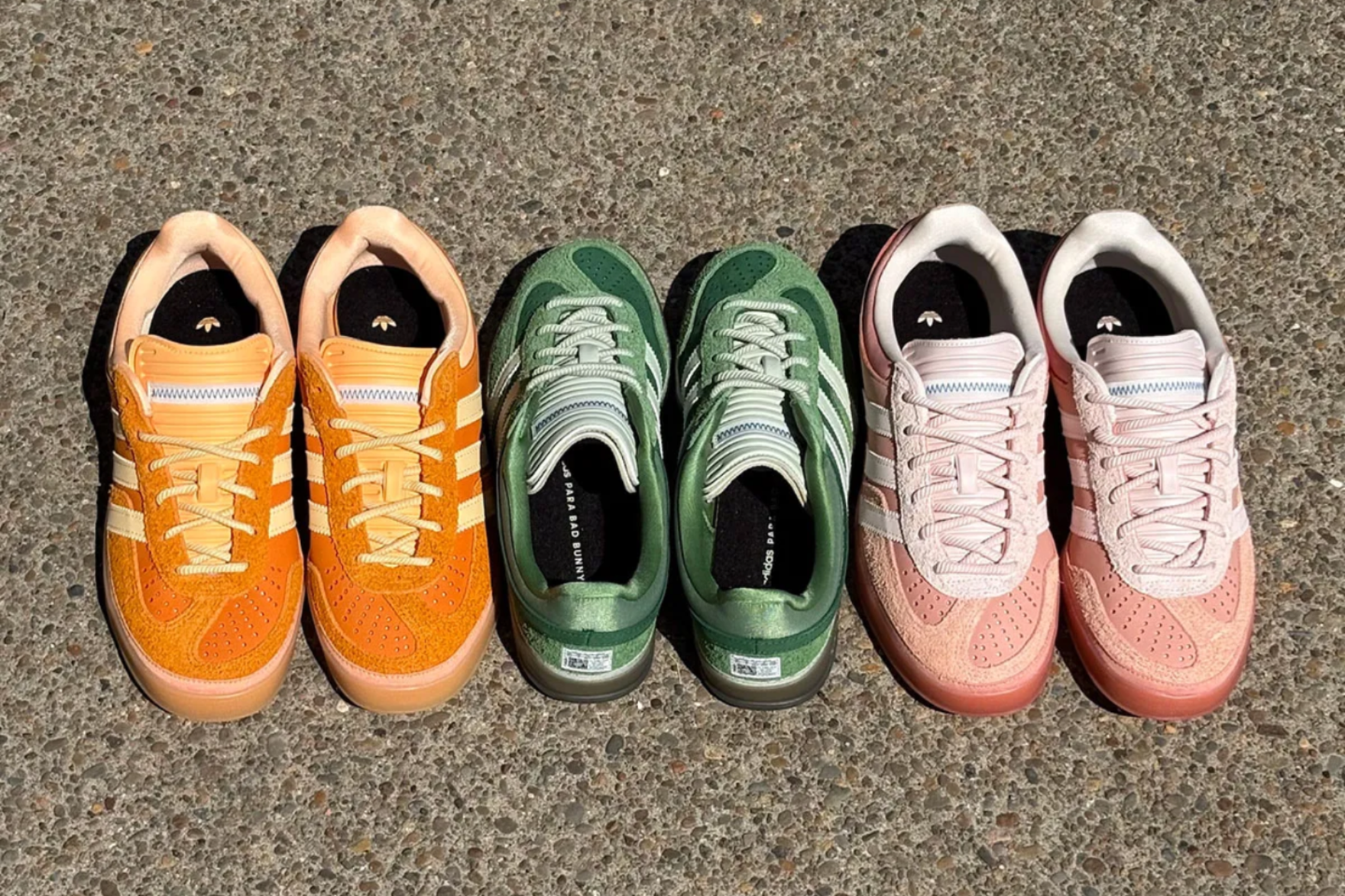 bad bunny adidas gazelle sneakers in green orange and pink