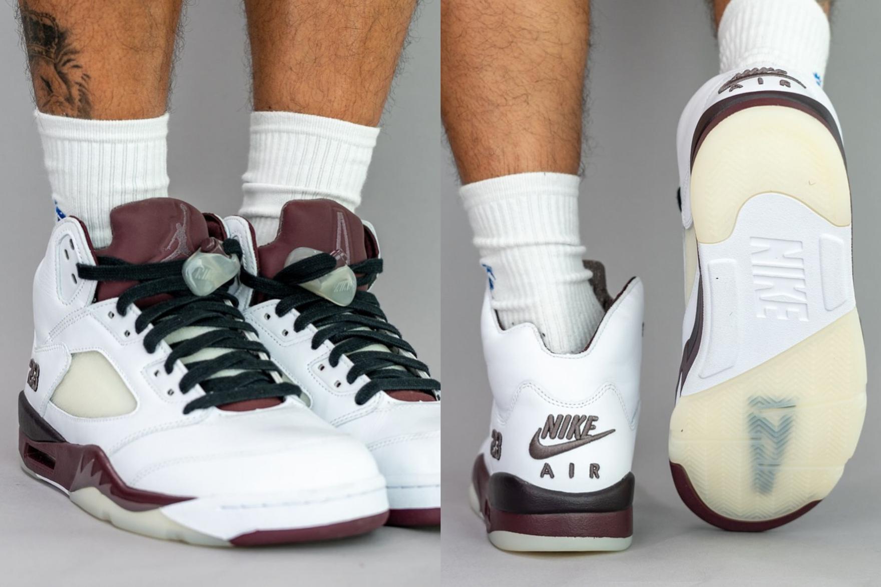 Brown and white Air Jordan 5 sneakers on-foot with white socks