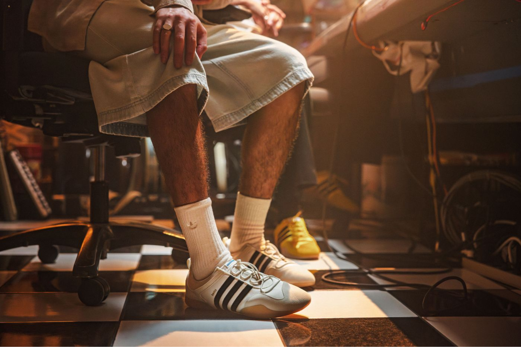 White and yellow adidas ballerina sneakers on-foot