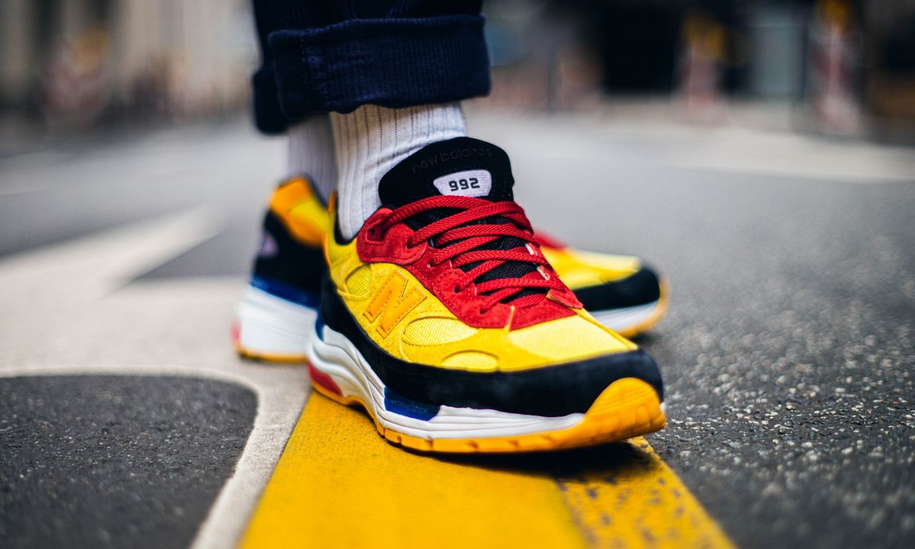 new balance 992 burgundy yellow