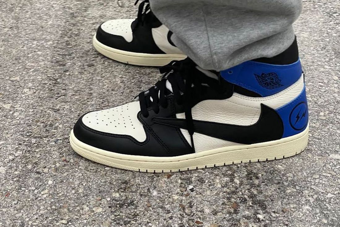 A Travis Scott x Fragment x Air Jordan 1 Sample Surfaces