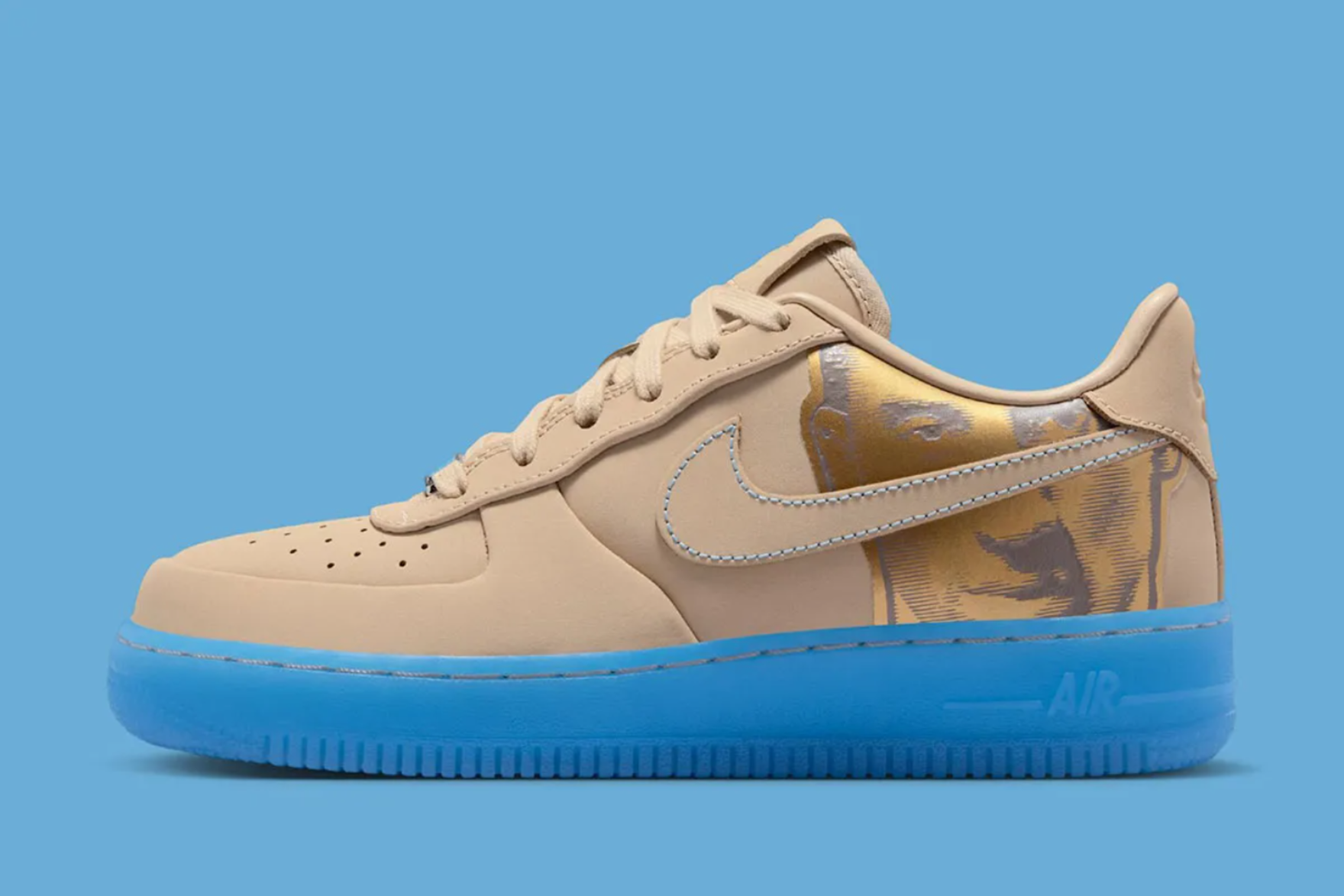 tan coloured nike air force 1 with blue gum sole