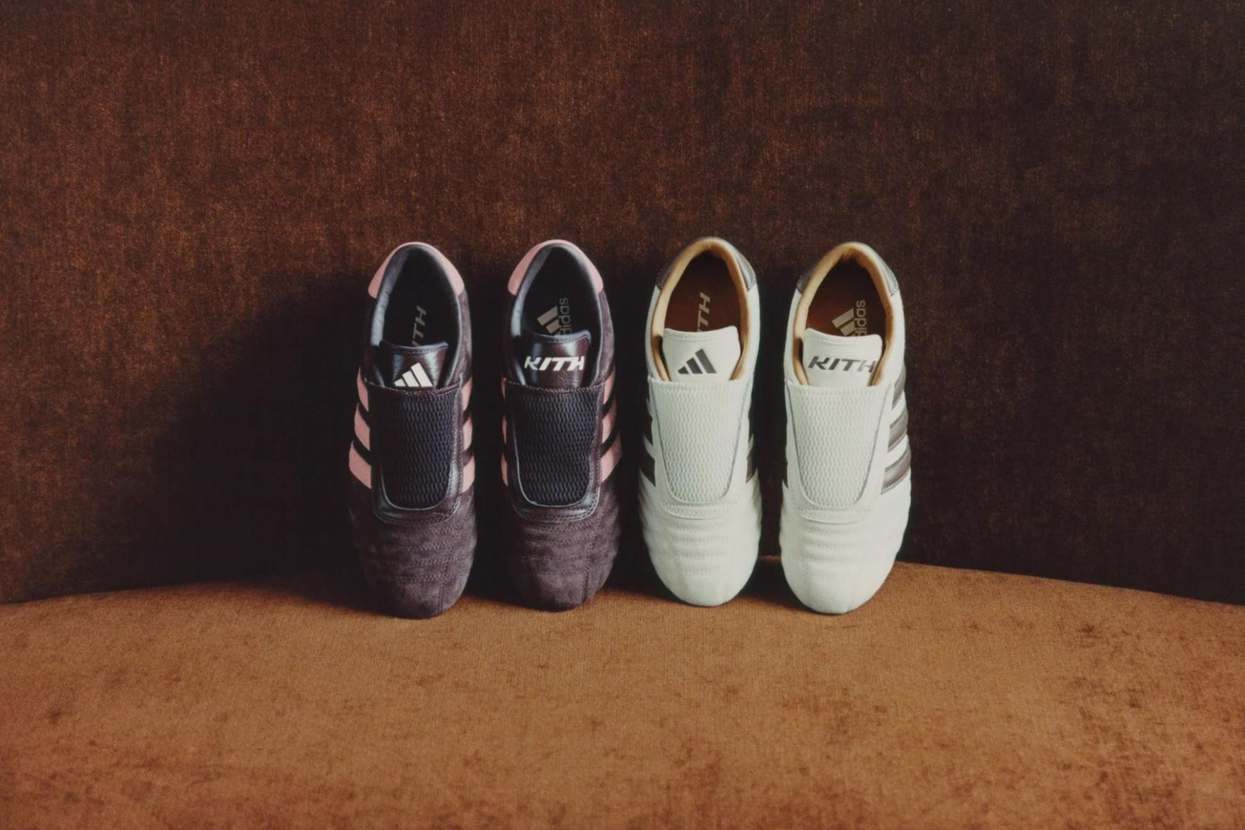 Two pairs of adidas taekwondo sneakers, purple and white