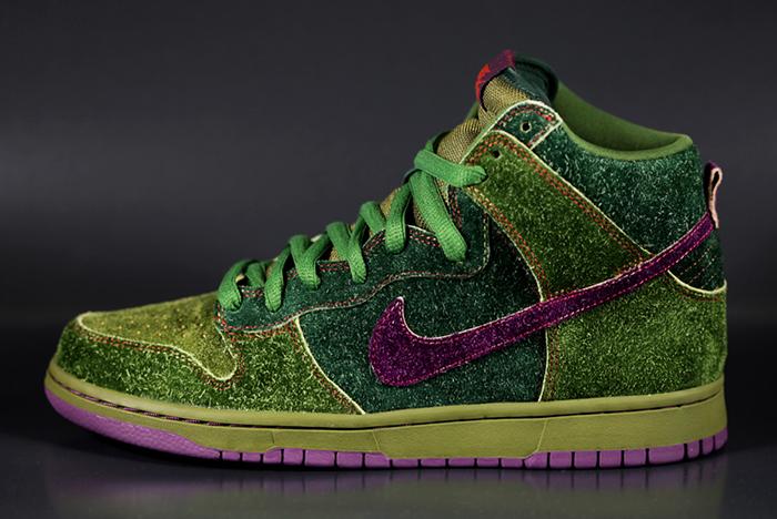 Fuzzy green and purple Nike sneakers weed shoes