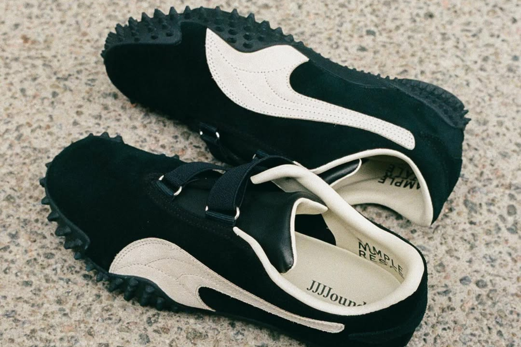 dark green JJJJound sneaker with spiky rubber roles