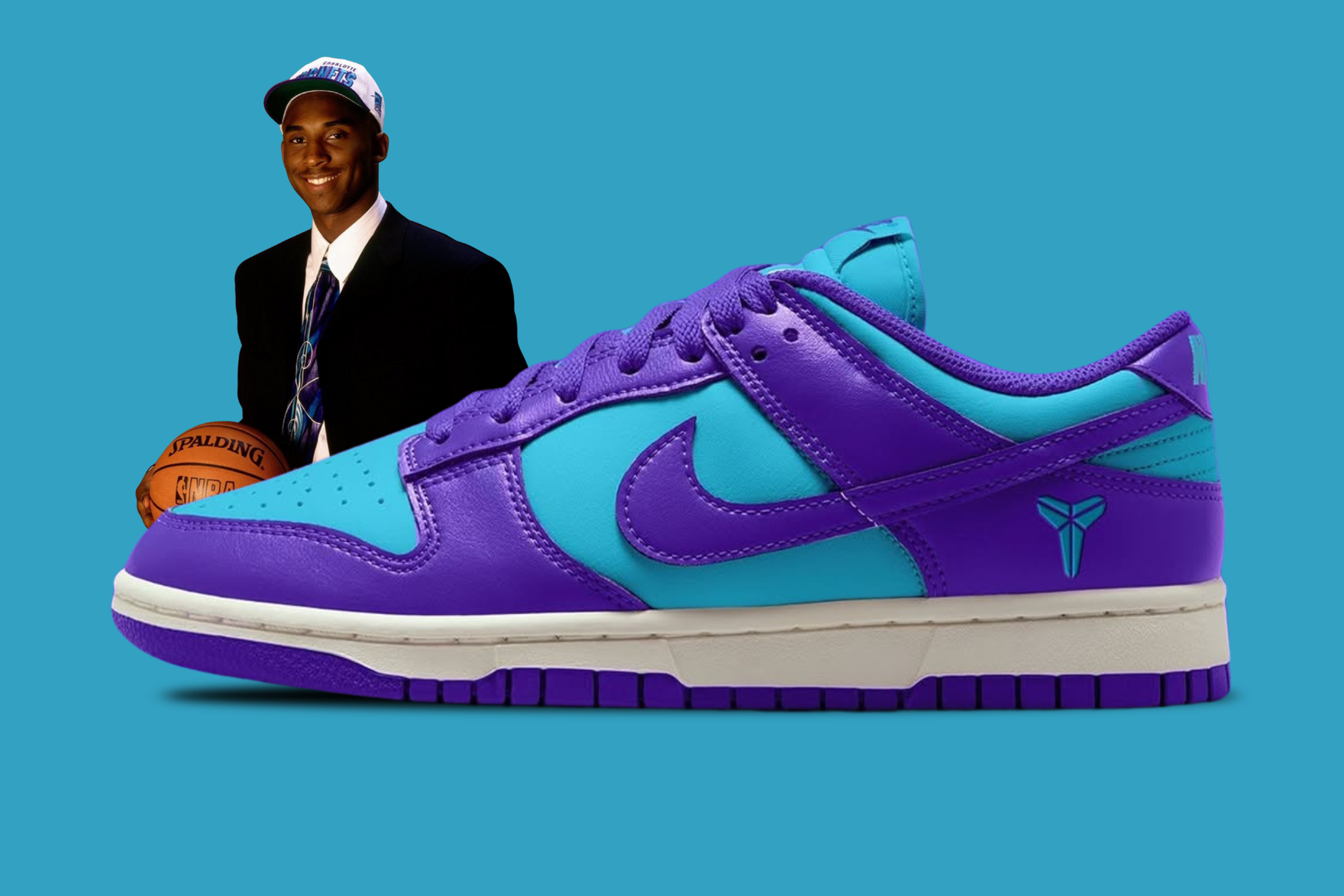 Blue and purple sneaker with Kobe Bryant in background