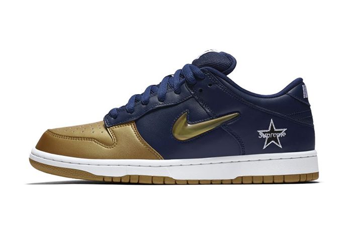 Supreme Nike Sb Dunk Low Navy Gold Fall 2019 Snkrs Sneakrs Release Date Lateral