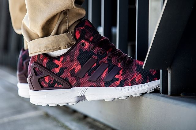 burgundy and gold adidas zx flux