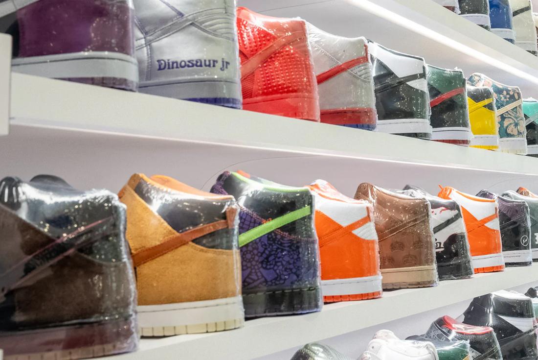 urban necessities retail shelf lined up with sneakers