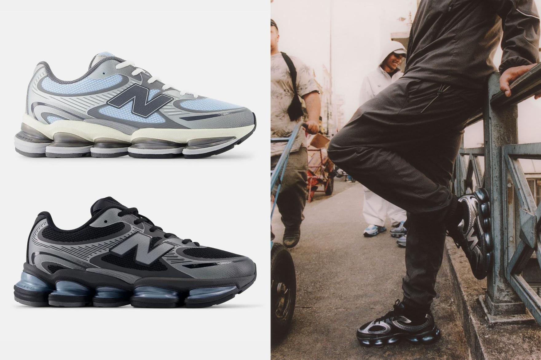 Composite image of two pairs of sneakers, one blue one black