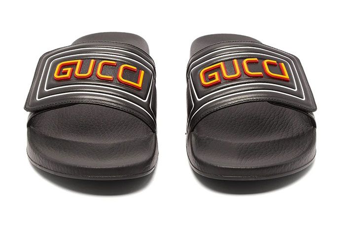 Gucci Gg Cut Out Logo Leather Rubber Slides Yellow Front Shot