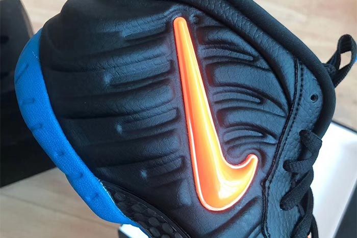 Nike Air Foamposite Pro Knicks Black Battle Blue Total Orange 624041 010 Close Up Swoosh Shot