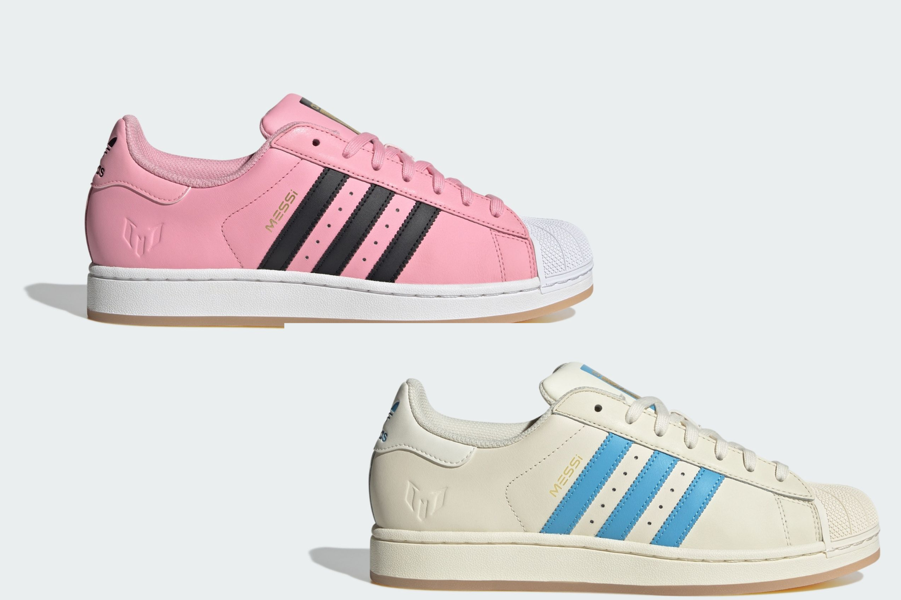 a pink and blue adidas superstar