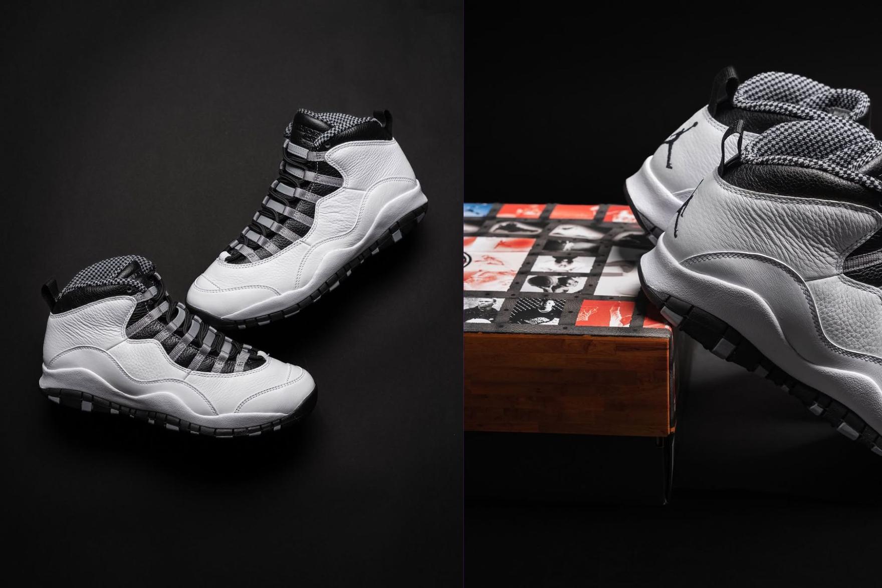 air jordan 10 steel white and black sneakers on black surface