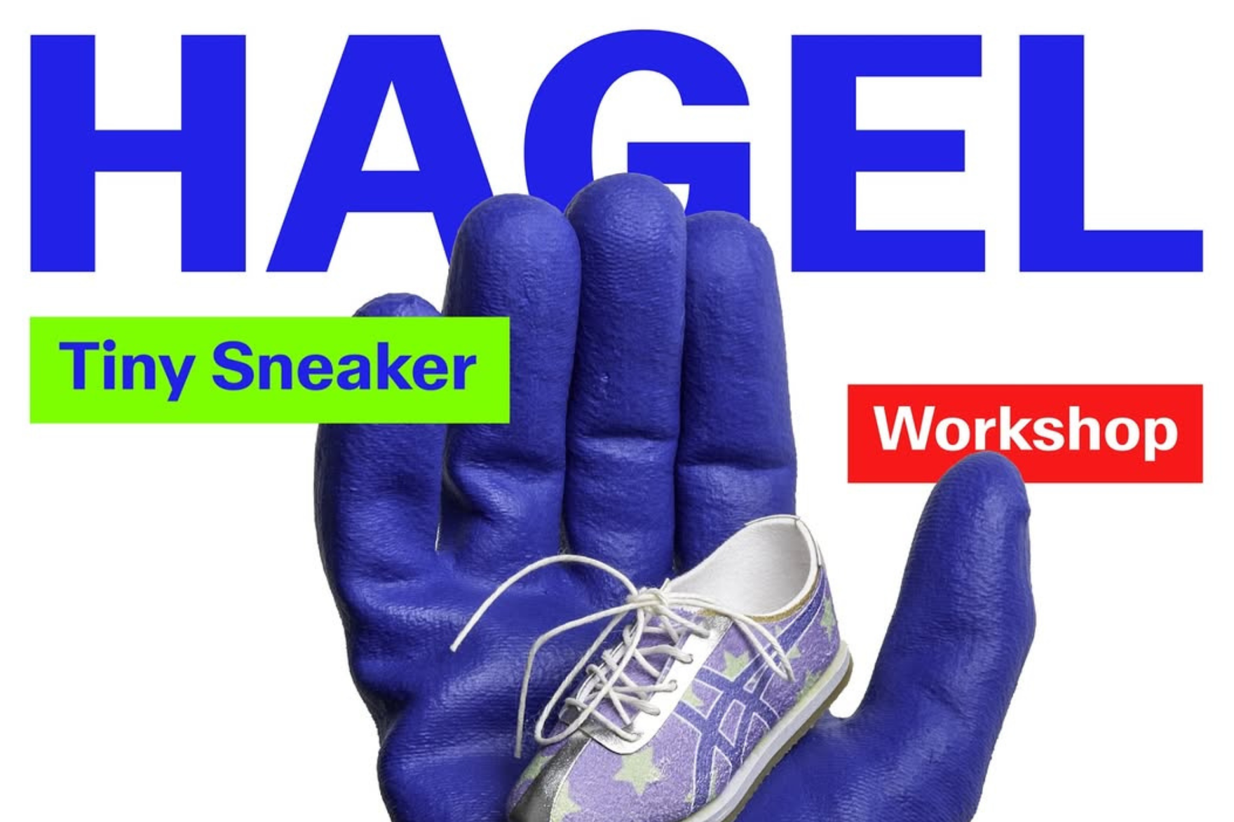 a blue gloved hand holding a mini purple sneaker