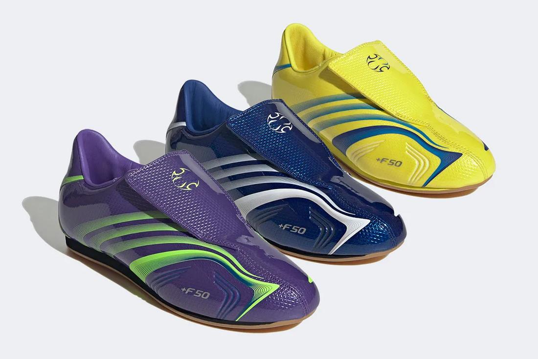 Purple, blue and yellow adidas taekwondo sneakers on white