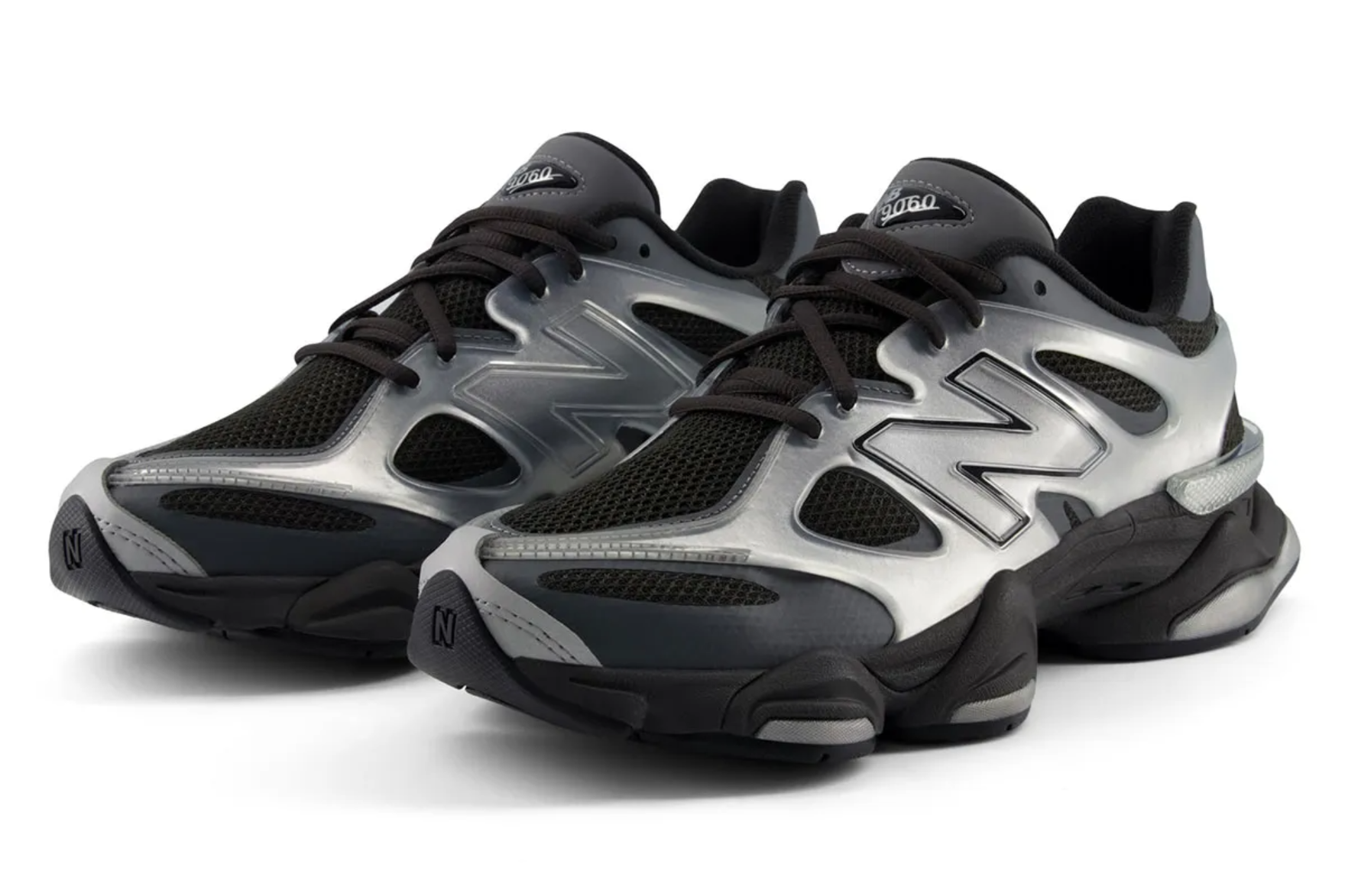 black and silver new balance 9060 x sneaker on white background