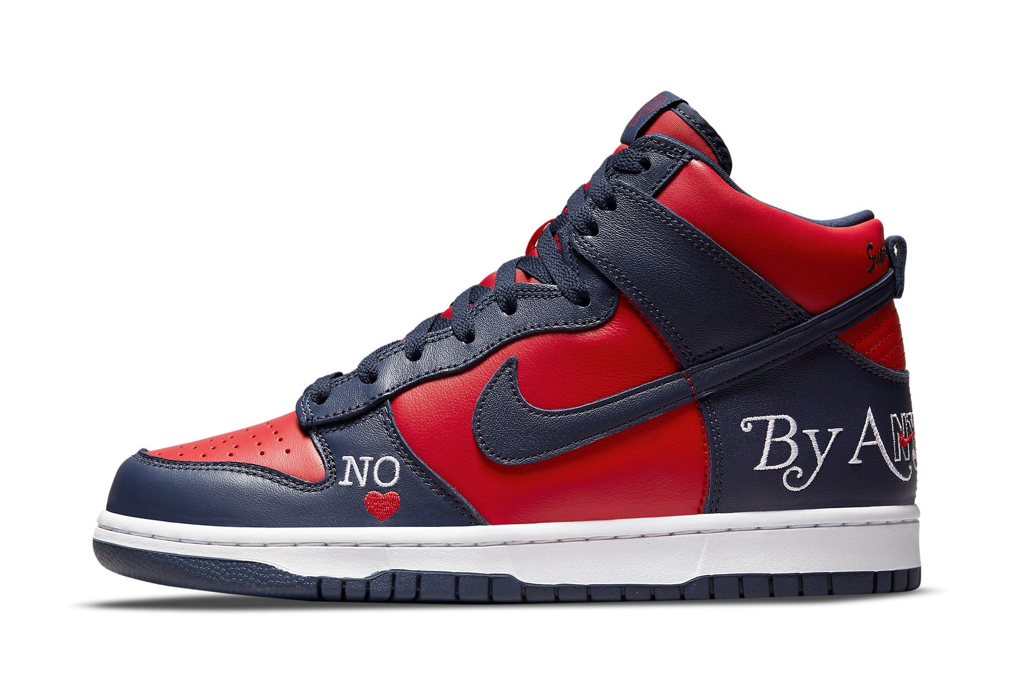 Supreme x Nike SB Dunk High 'By Any Means' in Navy/Red