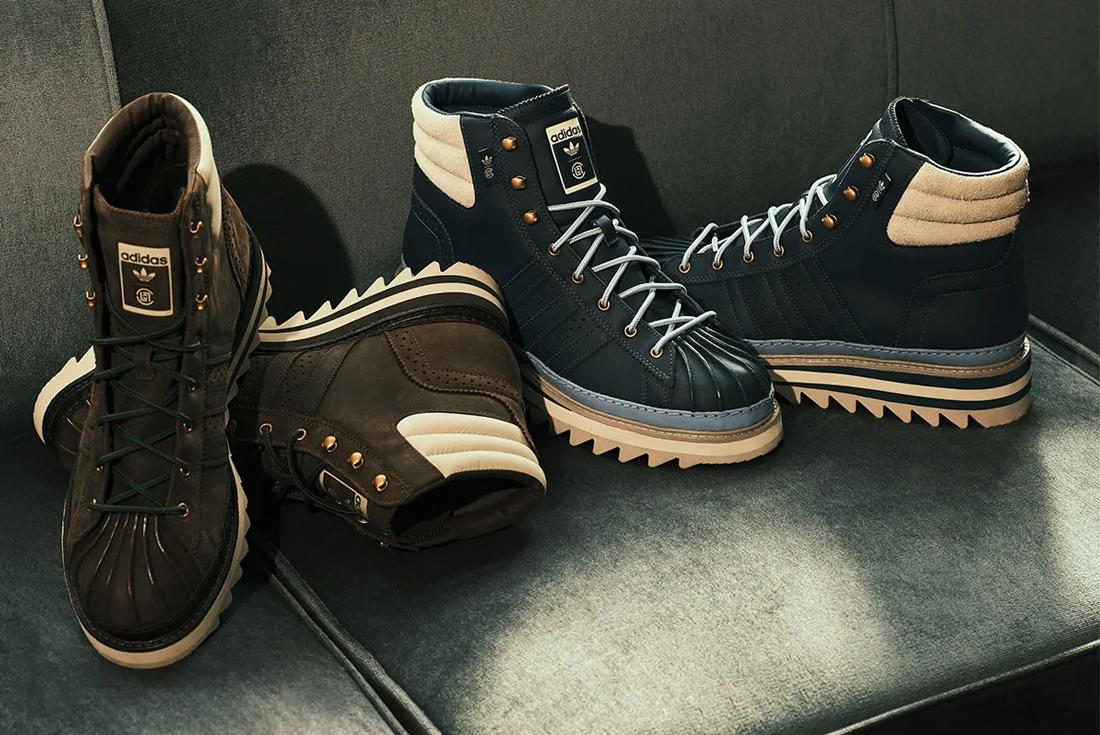 clot adidas pro model brown and blue on couch