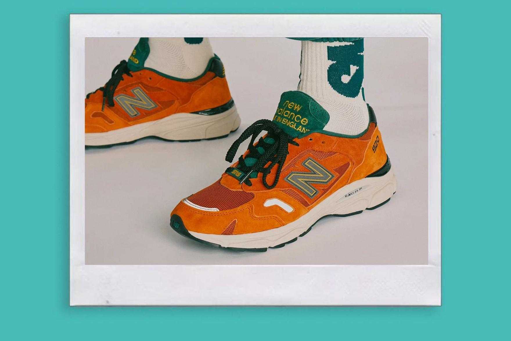 Orange green and white New Balance sneaker on-foot