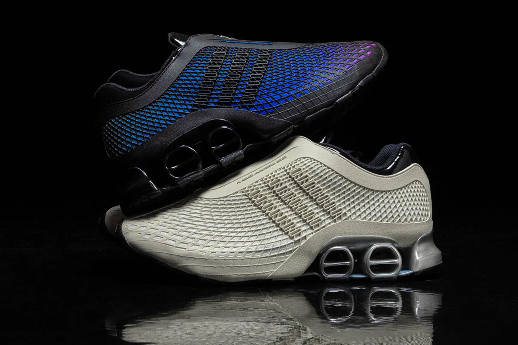 two adidas megaride 2 sneakers stacked on top of each other