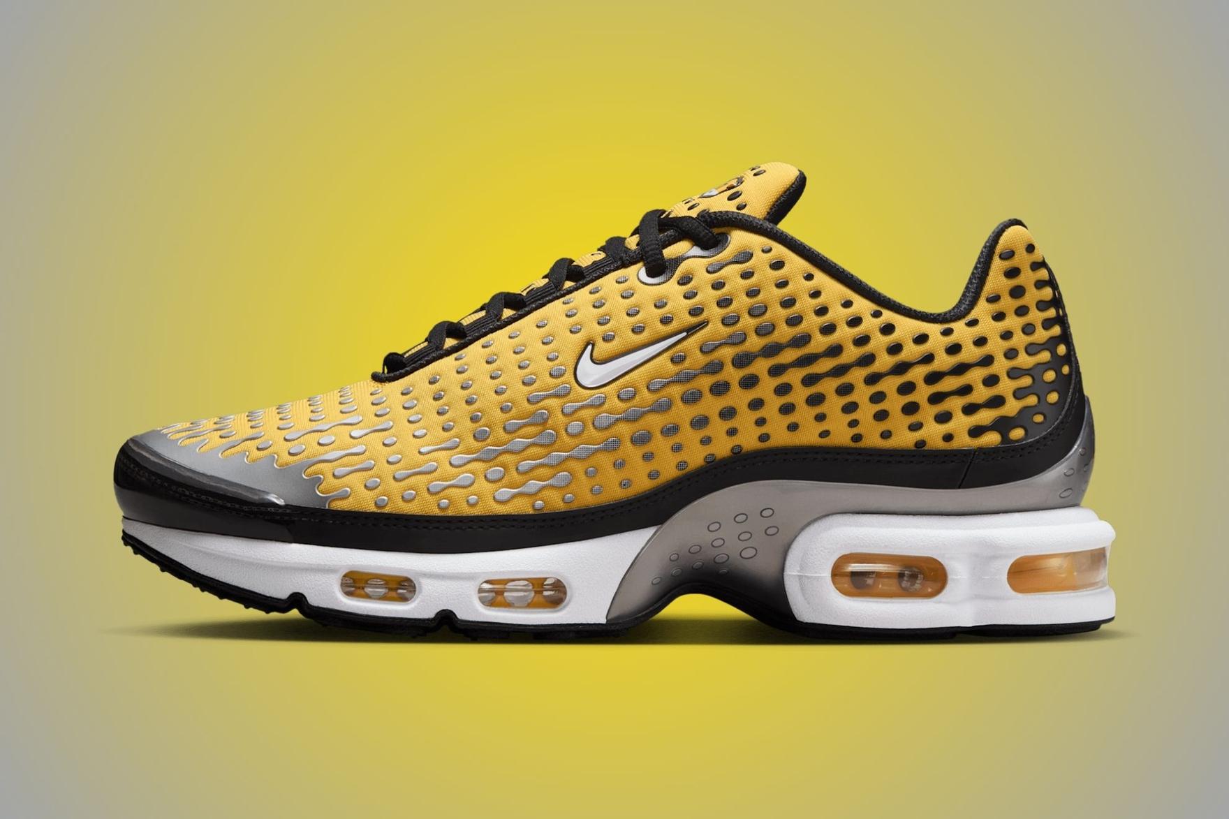 Yellow and black Nike Air Max Plus VII sneaker on yellow background