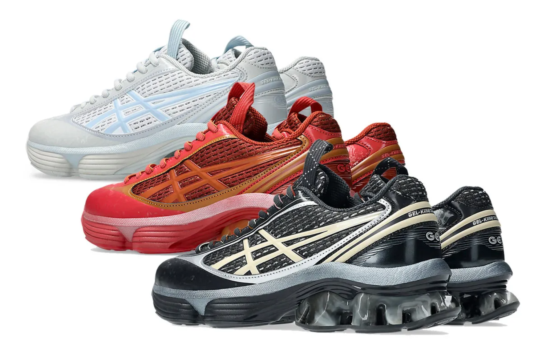 3 asics sneakers against a white background