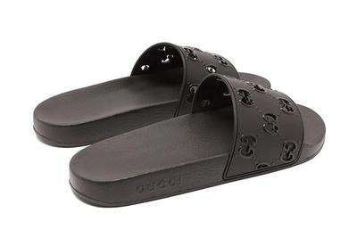 Gucci Gg Cut Out Logo Leather Rubber Slides Black Three Quarter Heel Shot
