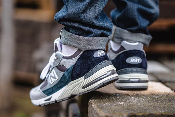 New Balance 991 Grey Blue Made In Uk On Foot Lifted Heel
