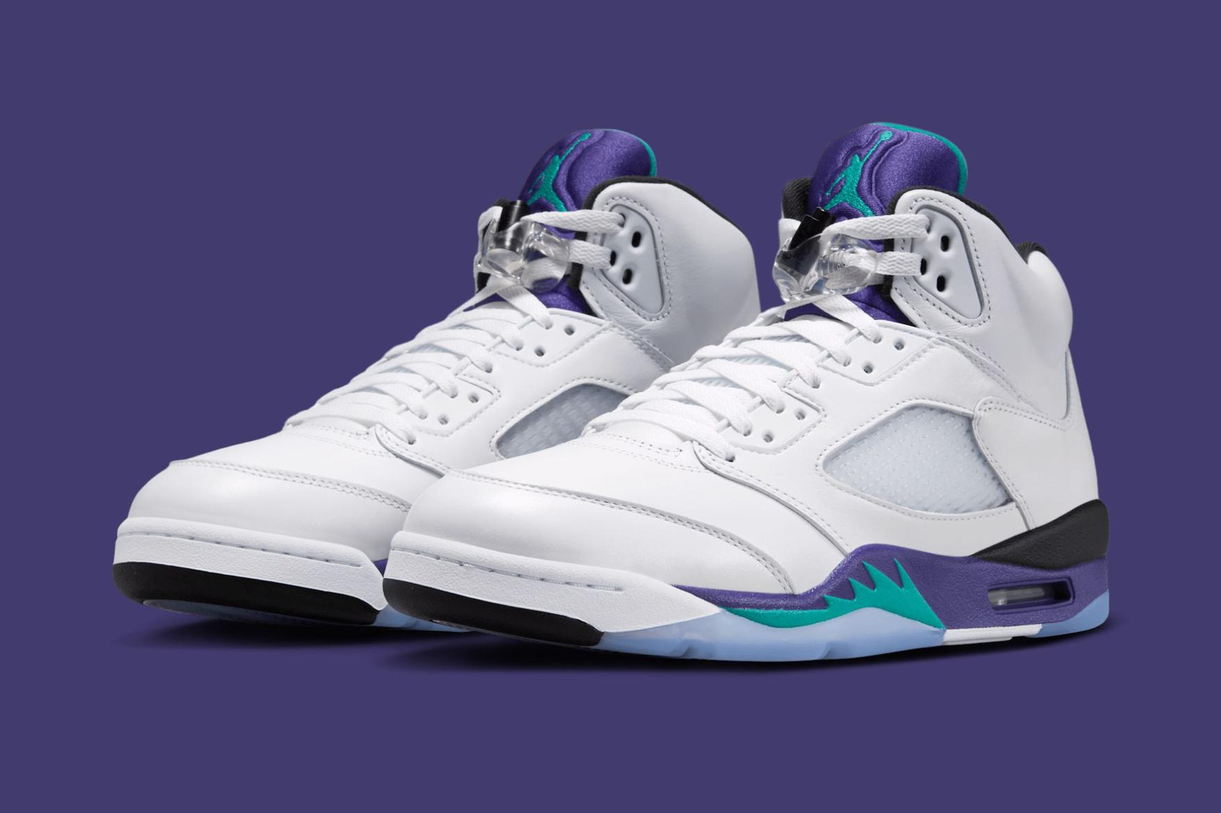 Air Jordan 5 Grape sneakers on purple background