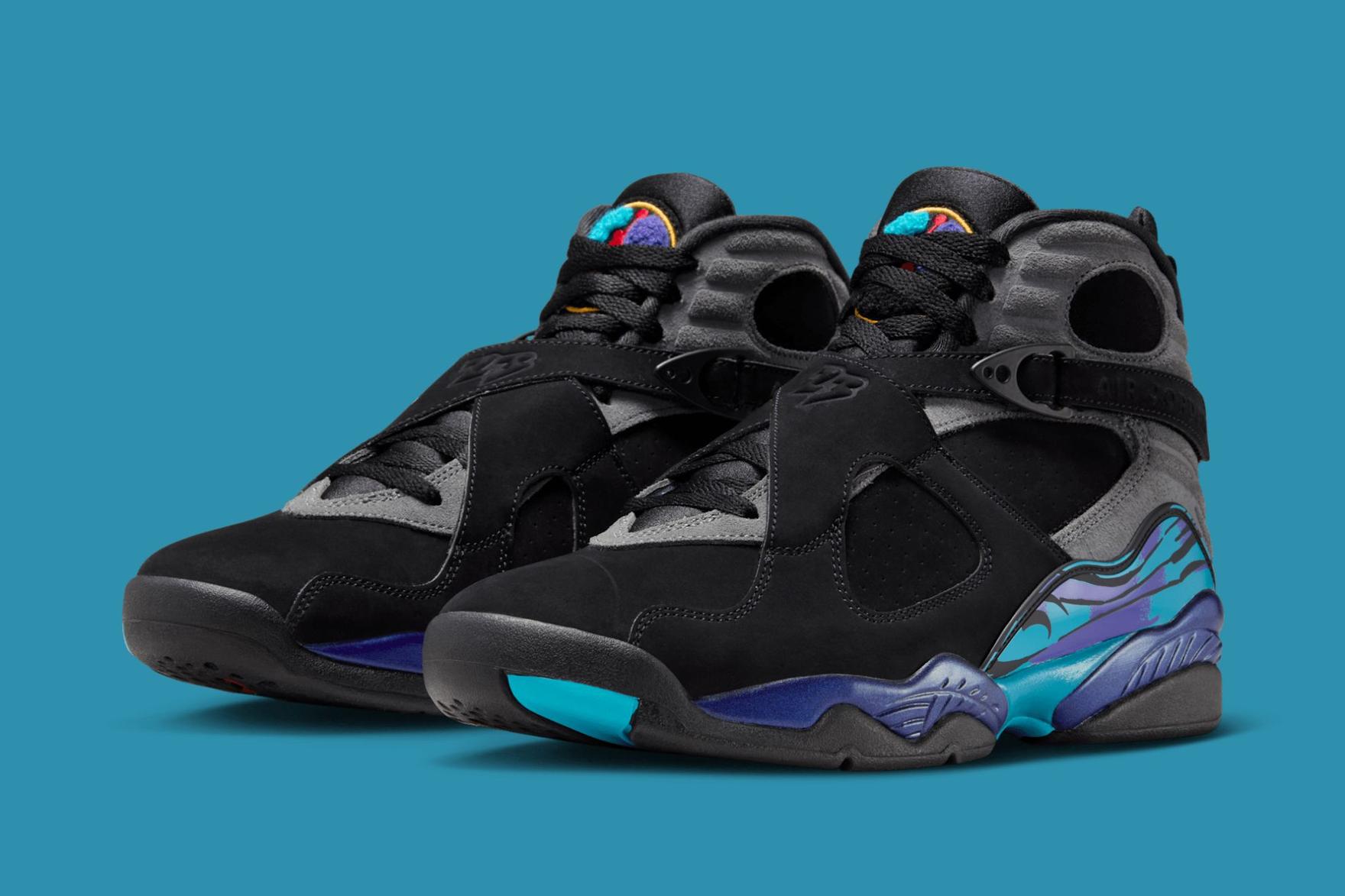 Air Jordan 8 Aqua 2025 black and purple sneaker