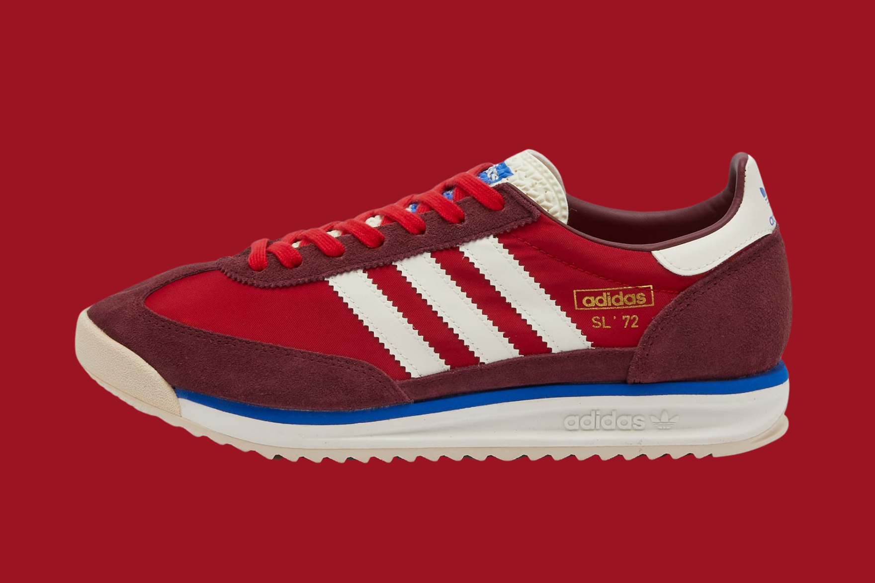 adidas SL72 red and white sneaker on a red background