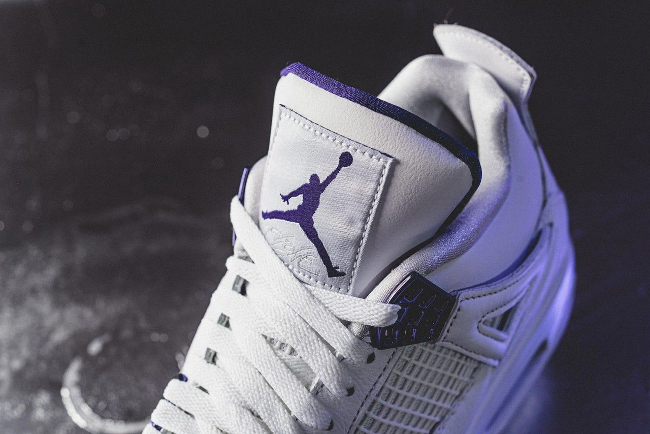 white and purple jordan 4 outfit