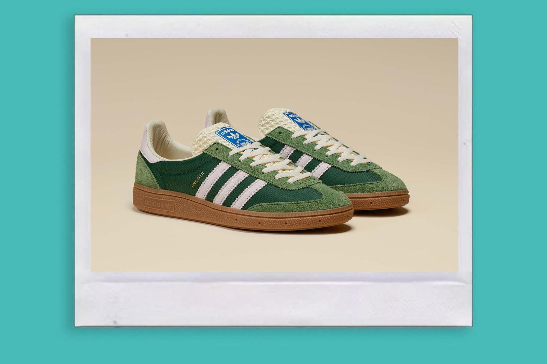 Polaroid photo of green and white adidas sneakers