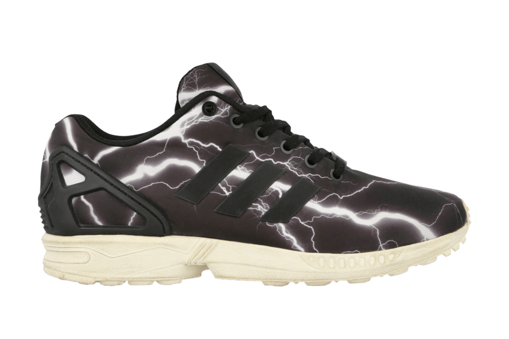 black adidas sneaker decorated with bright white lightning bolts