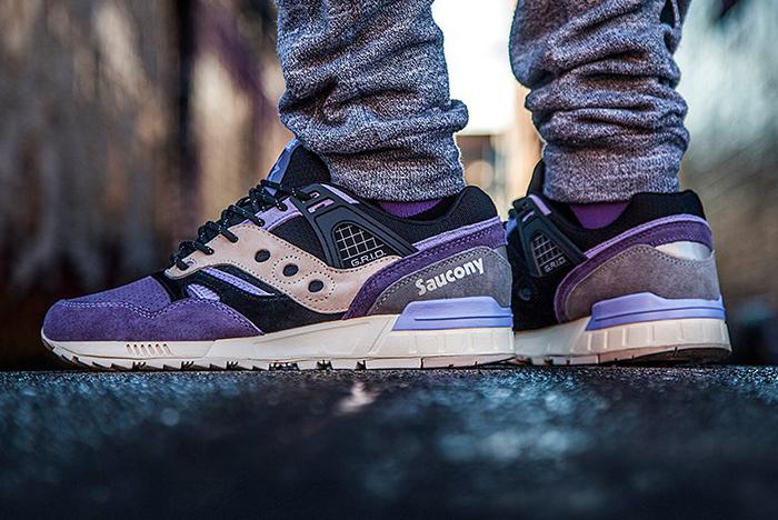 Purple Saucony sneakers weed shoe on-foot with trackpants