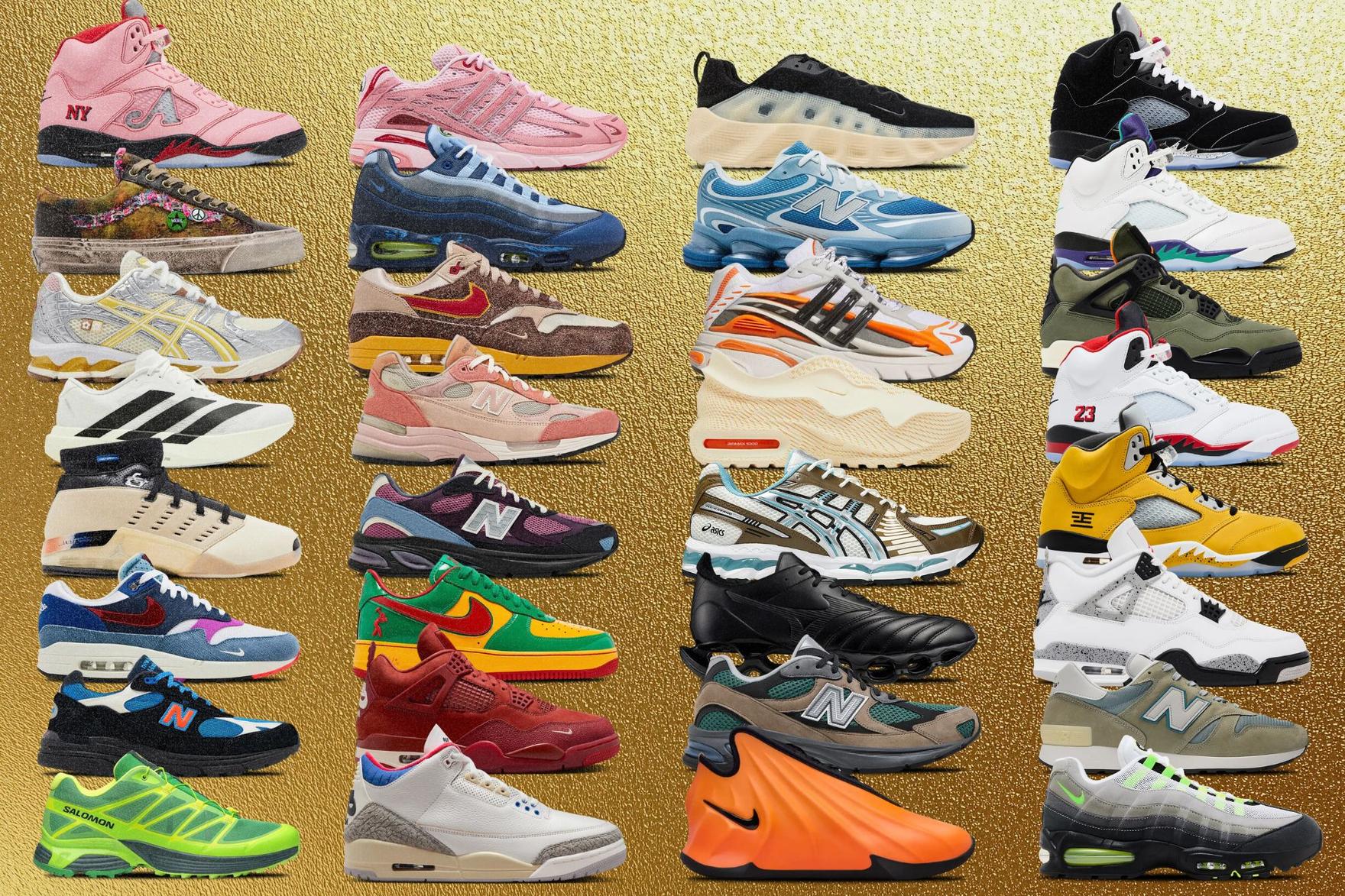 32 Nike, PUMA, adidas and New Balance sneakers on gold background