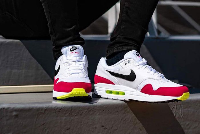 A White and Red Nike Air Max 1 With a 