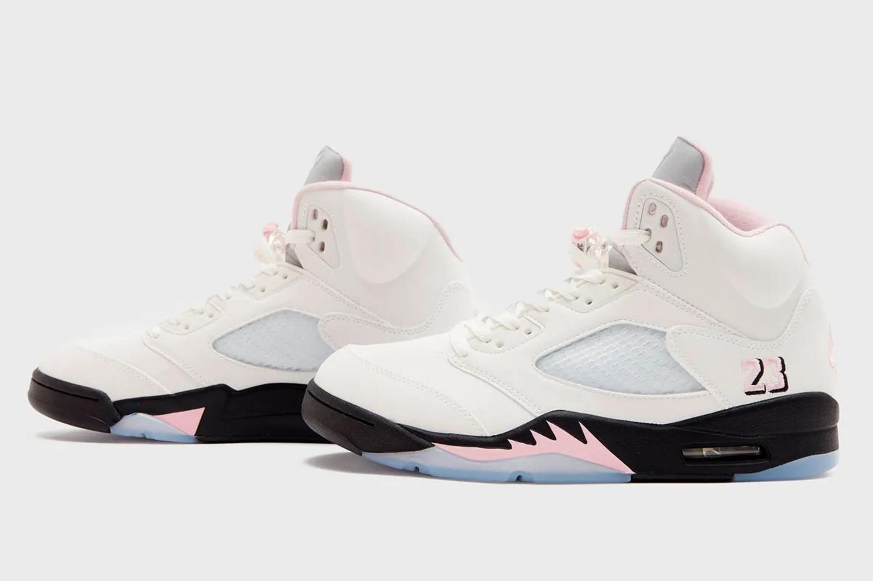 air jordan 5 close up shot against wooden flooring backdrop