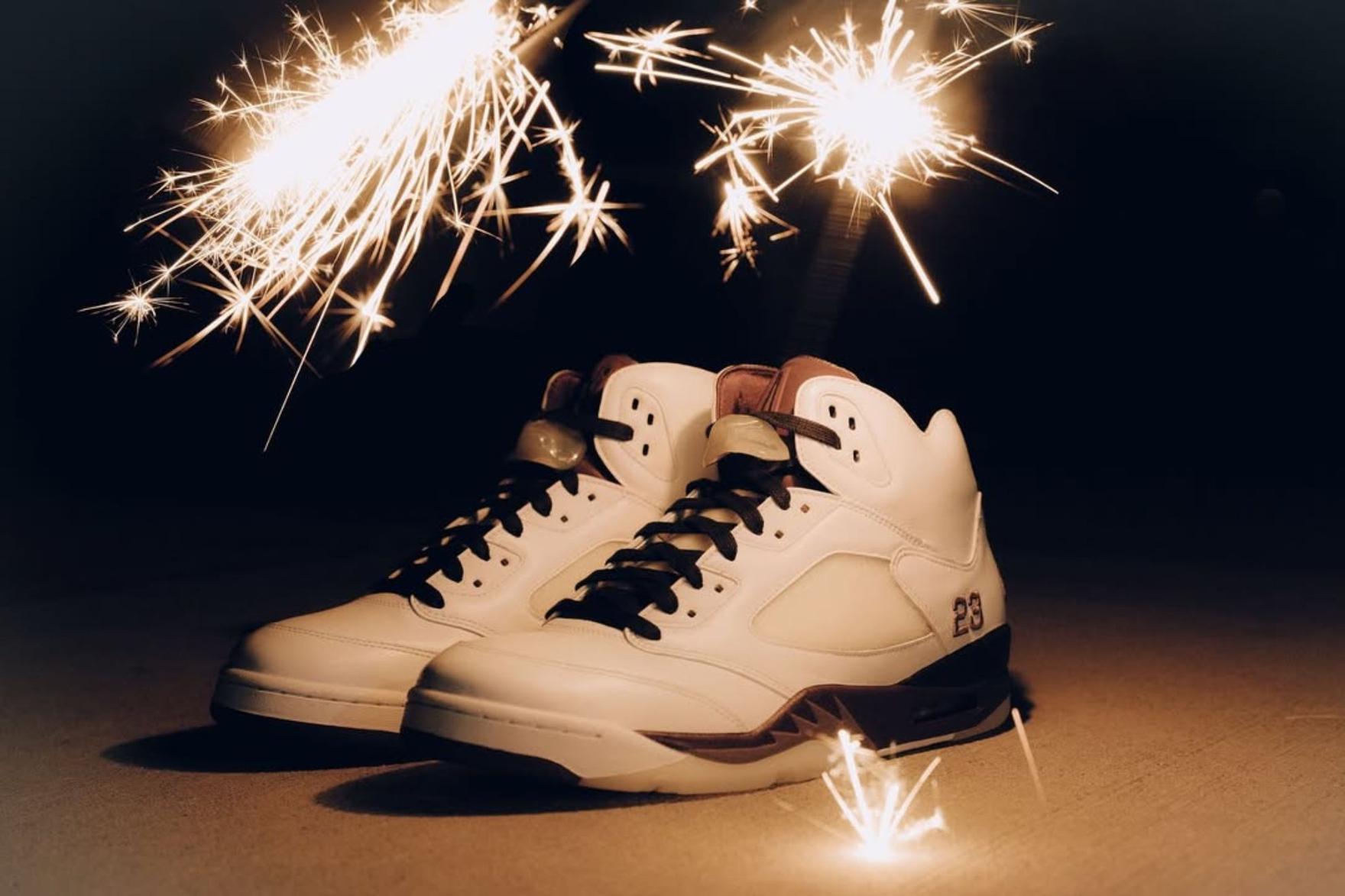 Brown and white Air Jordan 5 sneakers